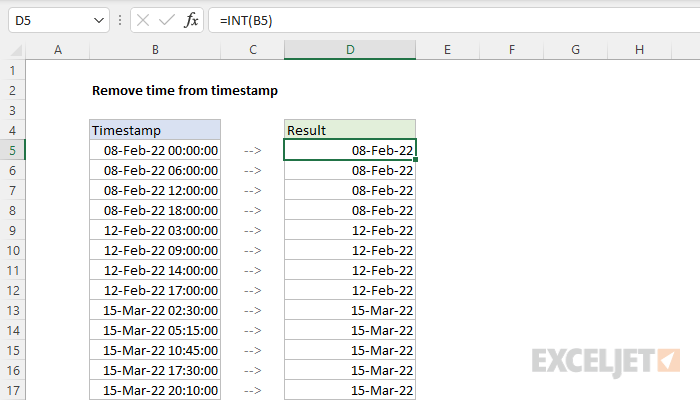 Remove time from timestamp Excel formula Exceljet